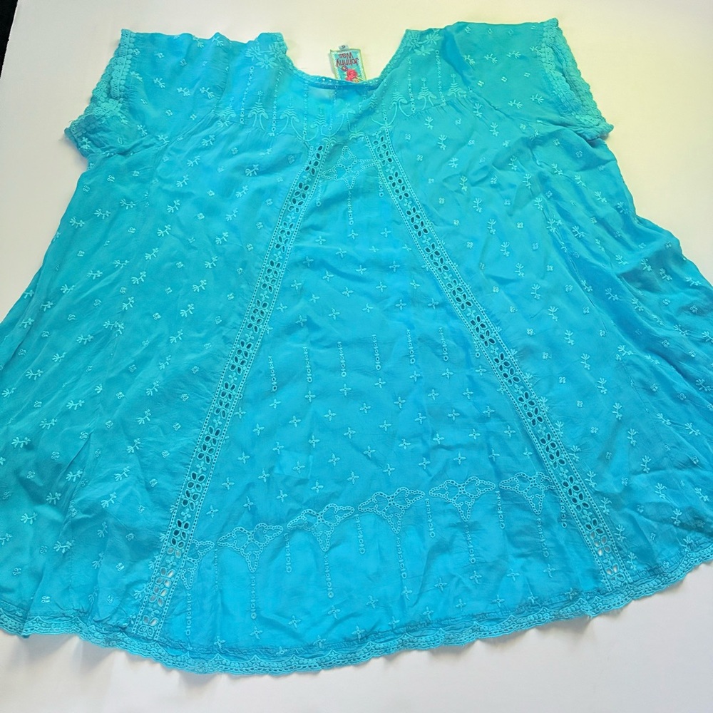 Johnny Was‎ Blouse Womens Small Blue Tunic Embroidered Bohemian Top Deep Vintage